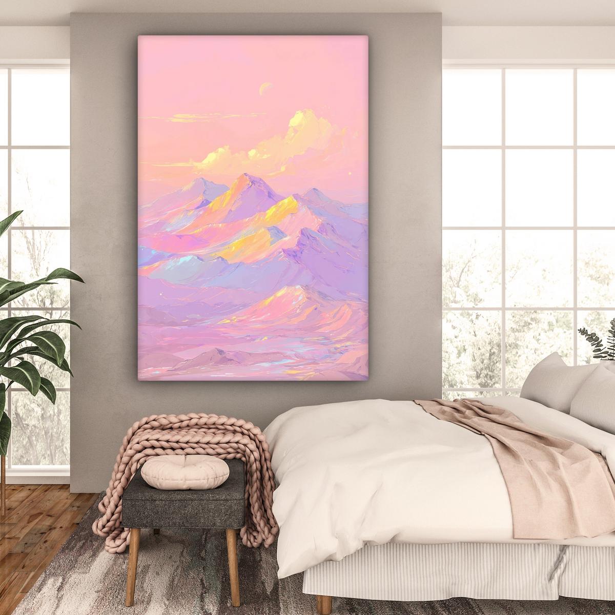 LEINWANDBILD Berggipfel - Wolken - Verträumt Deko Groß 90x140 cm - Hellrosa, Textil (90/140cm) - MuchoWow