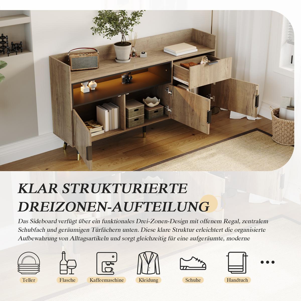 SIDEBOARD 160 cm Naturholz & Schwarz mit offenem Regal, Schublade & Türen im modernen Stil - Naturfarben, Holzwerkstoff (160/82/35cm) - Urban Meuble