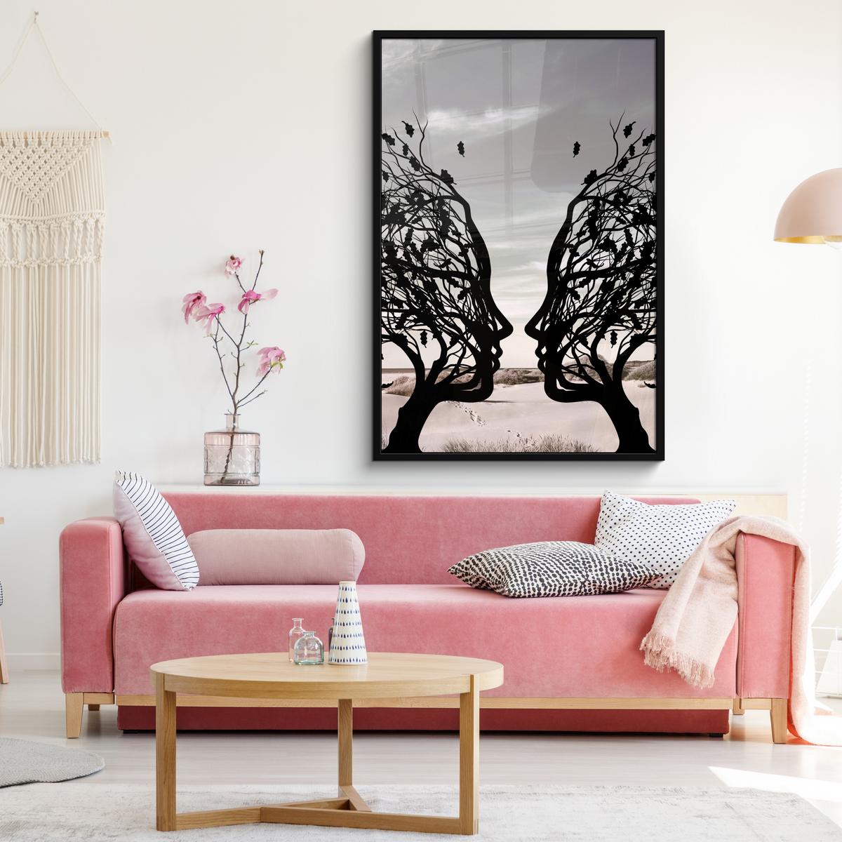POSTER MIT RAHMEN Strand - Meer - Menschen - Baum - Moderne Kunst Bilderleiste 80x120 cm - Hellgrau, Papier (80/120cm) - MuchoWow