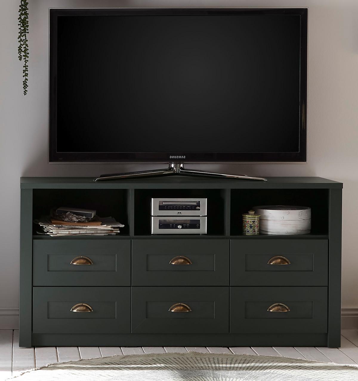 TV-LOWBOARD grün Landhaus, TV Unterteil mit Komforthöhe 130 x 67 cm - Chromfarben/Schwarz, Holzwerkstoff/Kunststoff (130/67/43cm) - Furn.Design