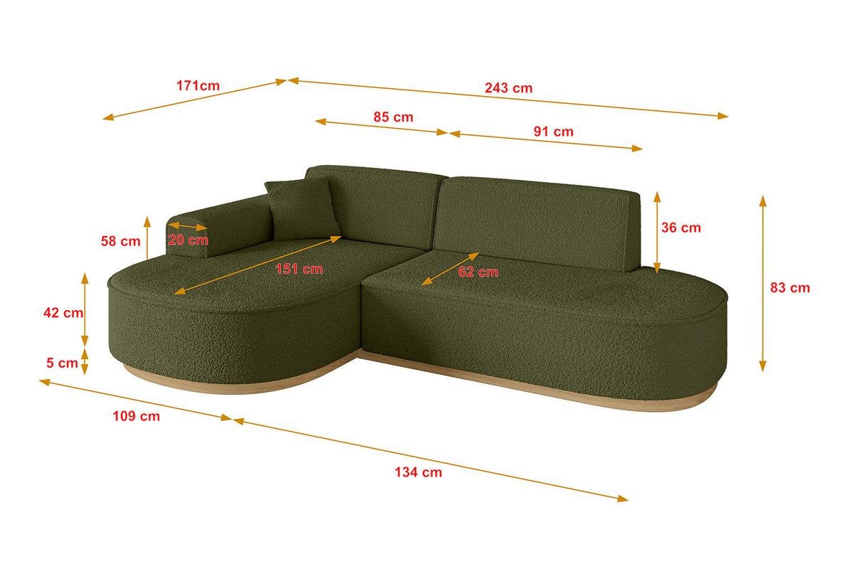 ECKSOFA Ottomane Links MARI-L1-v2 - 243x171x83 cm Grün Bouclé - Grün, Holzwerkstoff/Textil (243/171cm) - ALTDECOR