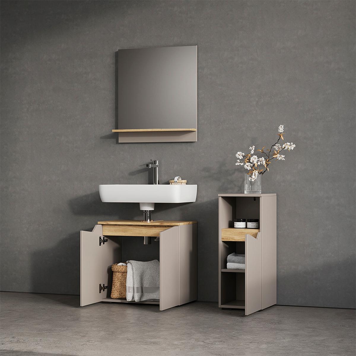 BADMÖBEL-KOMBINATION Timavo Greige 3 Teile, mit Midischrank - Greige, Holzwerkstoff (60/57/35cm) - Livinity®