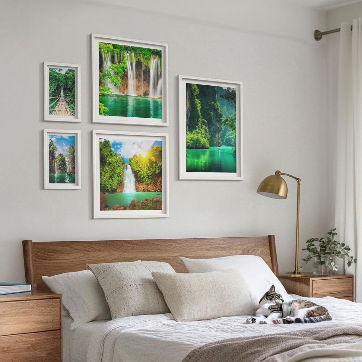 BILDER SET 5er Set - 50x50 cm & 20x30 cm & 40x60 cm Weißer Rahmen - See, Berge, Boote, Ferienhaus - Weiß, Kunststoff (40/60cm) - TULUP