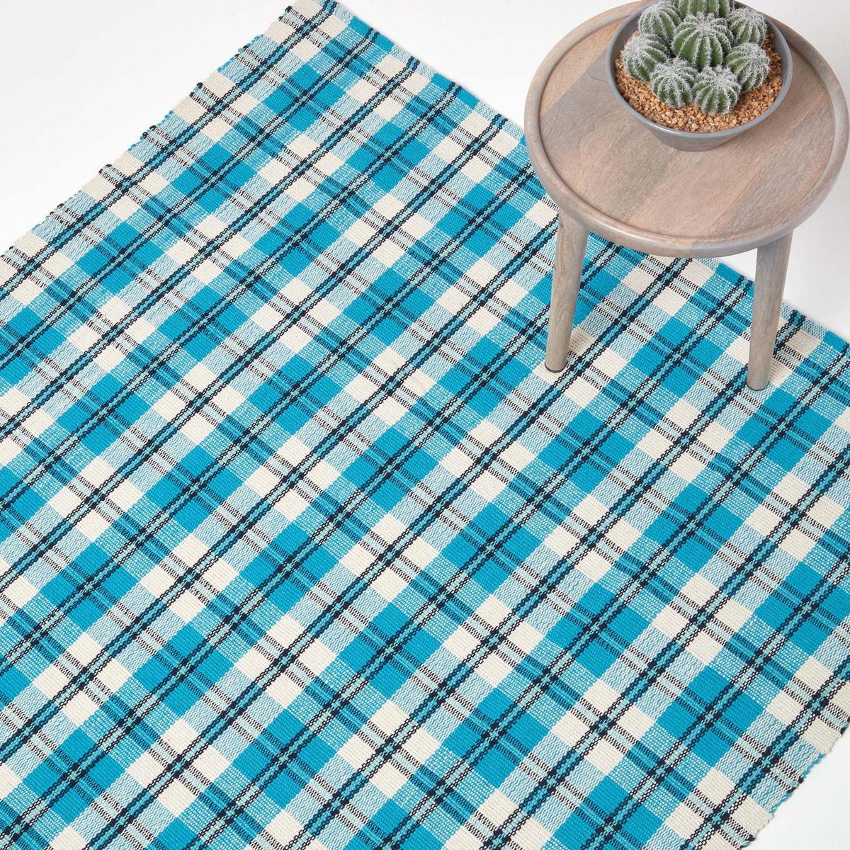 HANDWEBTEPPICH Irvine, Baumwolle kariert 70/120 cm - Blau, Textil (70/120cm) - Homescapes