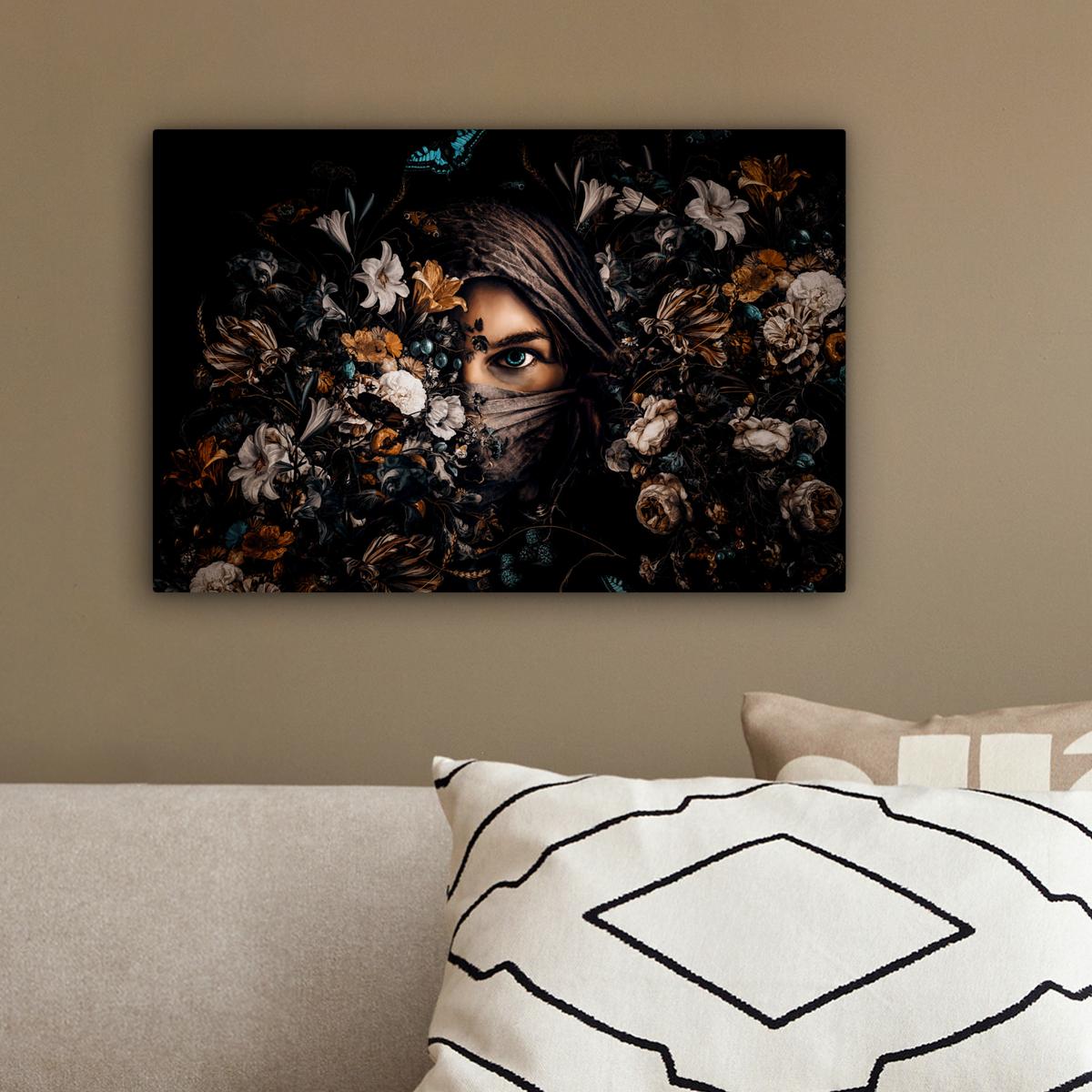 LEINWANDBILD Frau - Luxus - Blumen - Schmetterling - Porträt Deko Schlafzimmer 30x20 cm - Schwarz, Textil (30/20cm) - MuchoWow