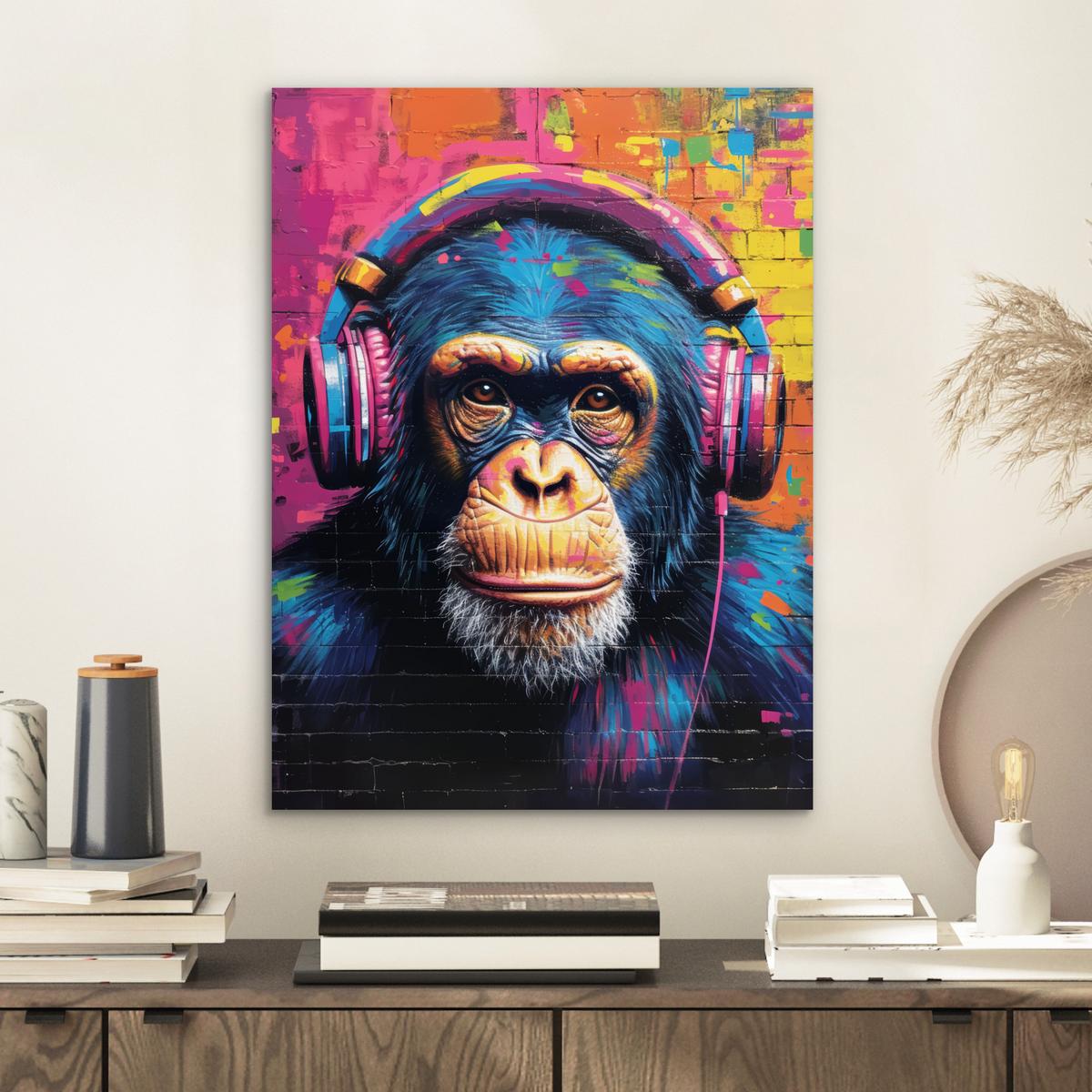 METALLBILD Graffiti - Schimpanse - Straßenkunst - Kopfhörer - Affe 30x40 cm - Blau, Metall (30/40cm) - MuchoWow