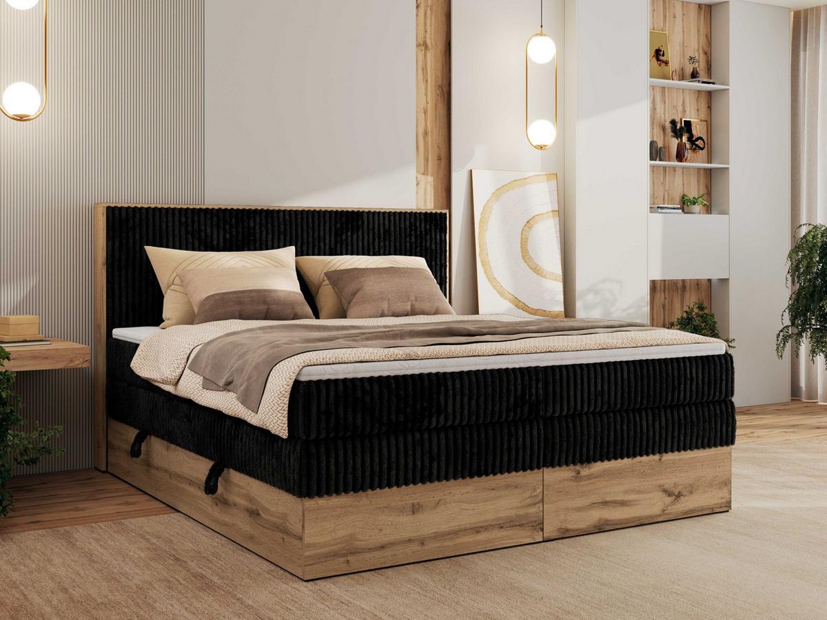 BOXBETT WOOD CLASSIC KING 160/200 - Schwarz Cord - H4 - Schwarz, Textil (160/200cm) - MKS