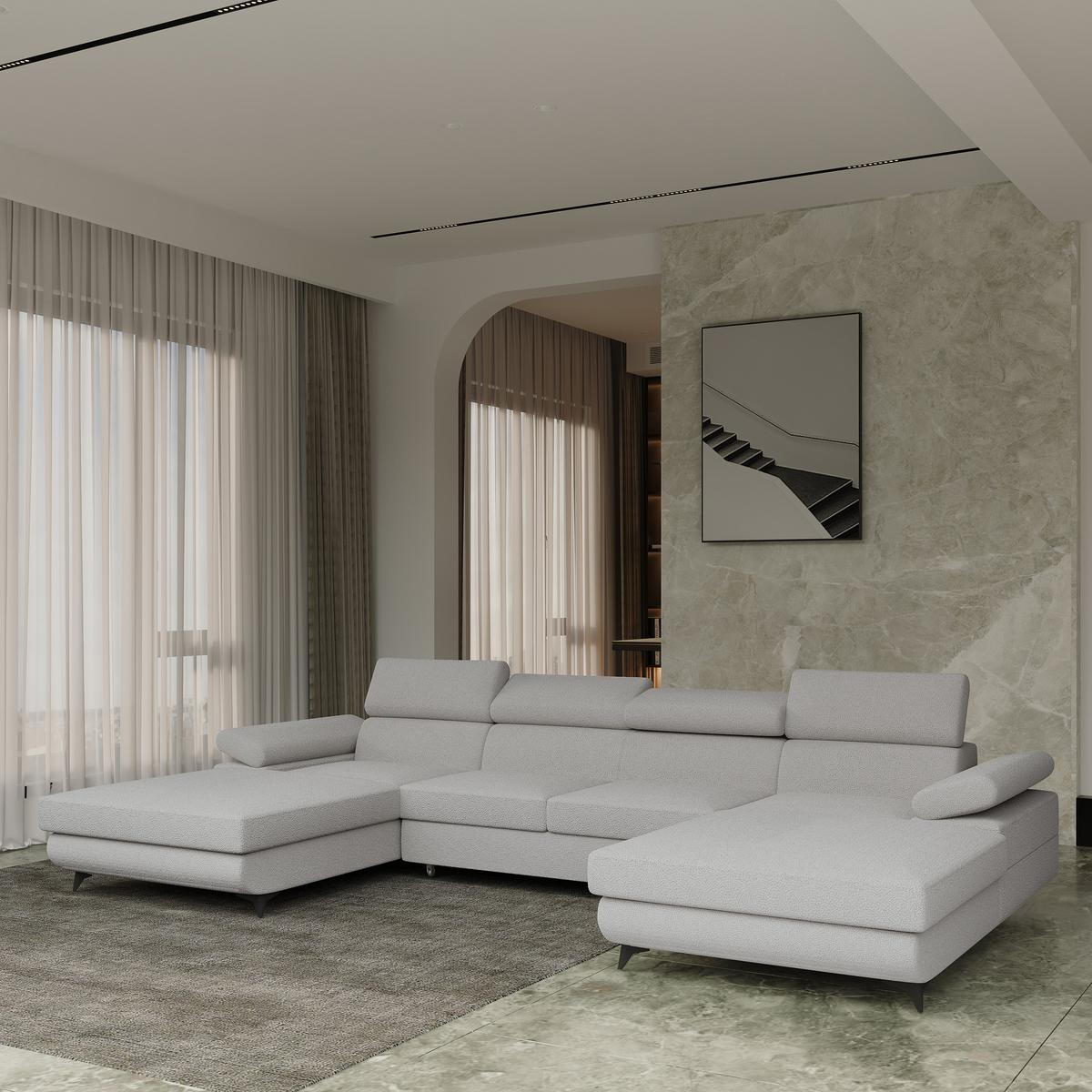WOHNLANDSCHAFT DETTI Hellgrau Boucle-Stoff mit Schlaffunktion - Hellgrau, Holz (339/89/190cm) - MASSENO