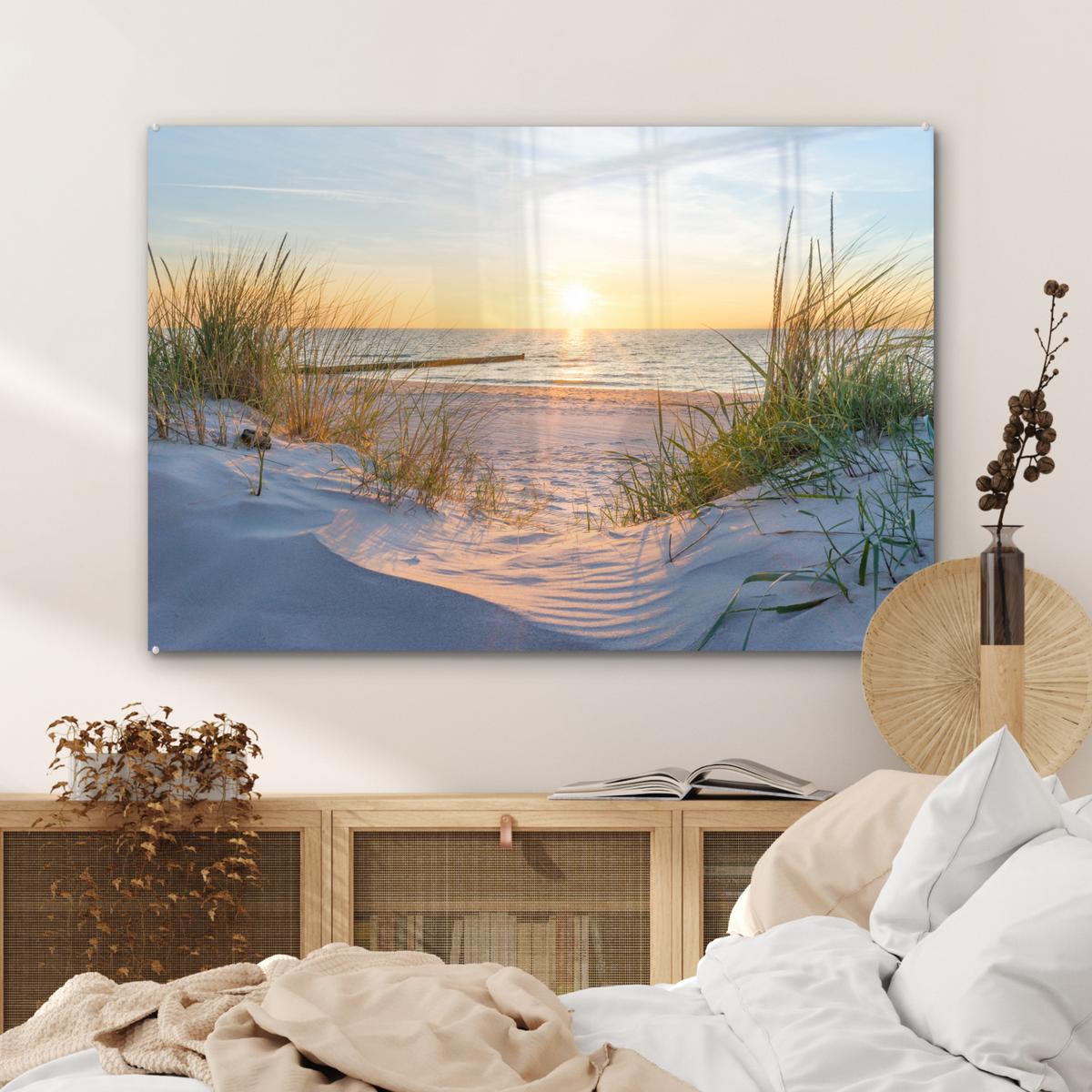 ACRYLGLASBILD Strand - Sonne - Düne - Gras - Sand - Horizont Wandbild Schlafzimmer 120x80 cm - Hellblau, Glas (120/80cm) - MuchoWow