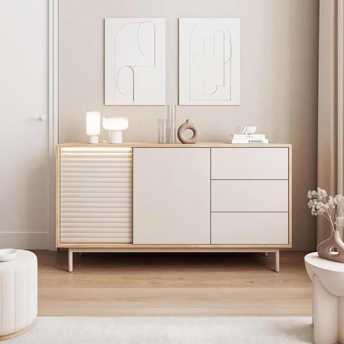 KOMMODE LUSSO 140 cm, 3 Schublade(n) Eiche / Kaschmir - Eichefarben, Holzwerkstoff/Metall (140/77/40cm) - Idohome