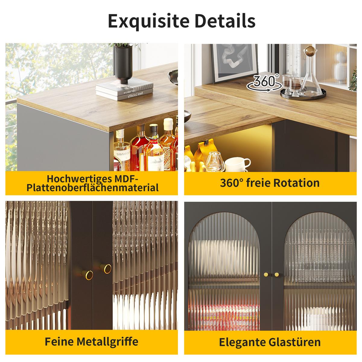 BARTISCH 360° Drehbar Schwarz & Holzoptik Barset mit LED, Glasschrank & Stauraum - Schwarz, Holzwerkstoff (39.6/197/100cm) - Urban Meuble