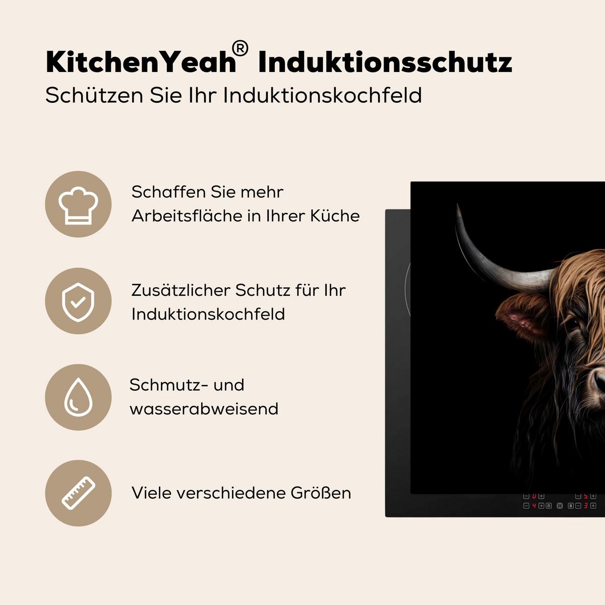 HERDABDECKPLATTE Schottischer Highlander - Porträt - Schwarz - Tier Herdabdeckung Induktionsfeld 75x52 cm - Braun, Kunststoff (75/52/0.2cm) - MuchoWow