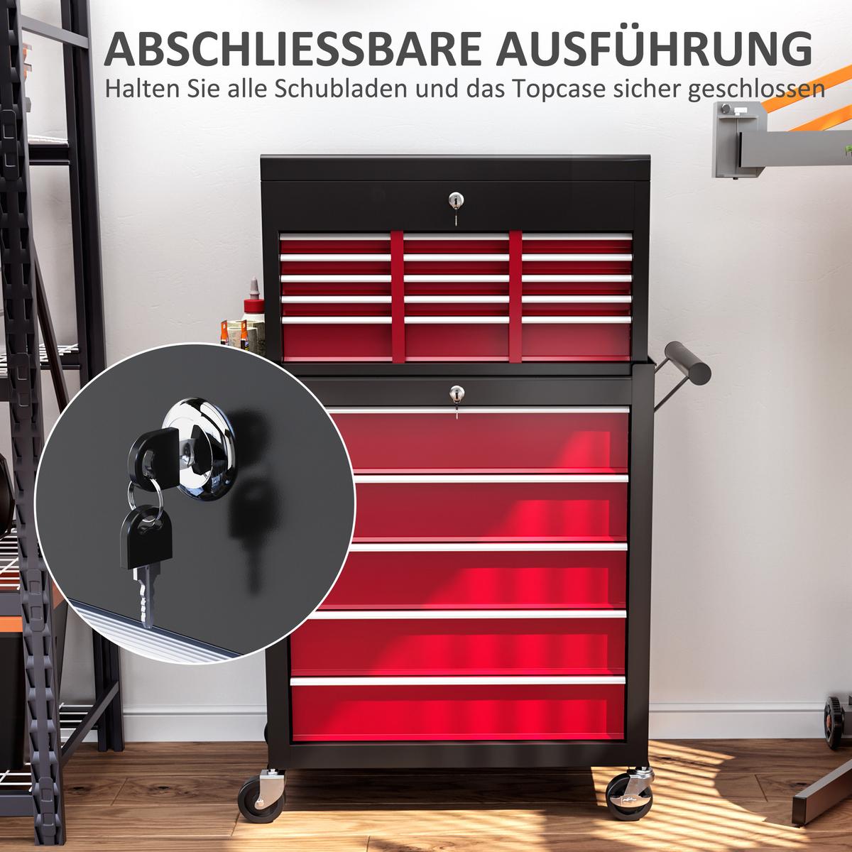 WERKSTATTWAGEN mit Rollen, mit 14 Schubladen, Rot - Rot, Metall (33/75/76cm) - HOMCOM