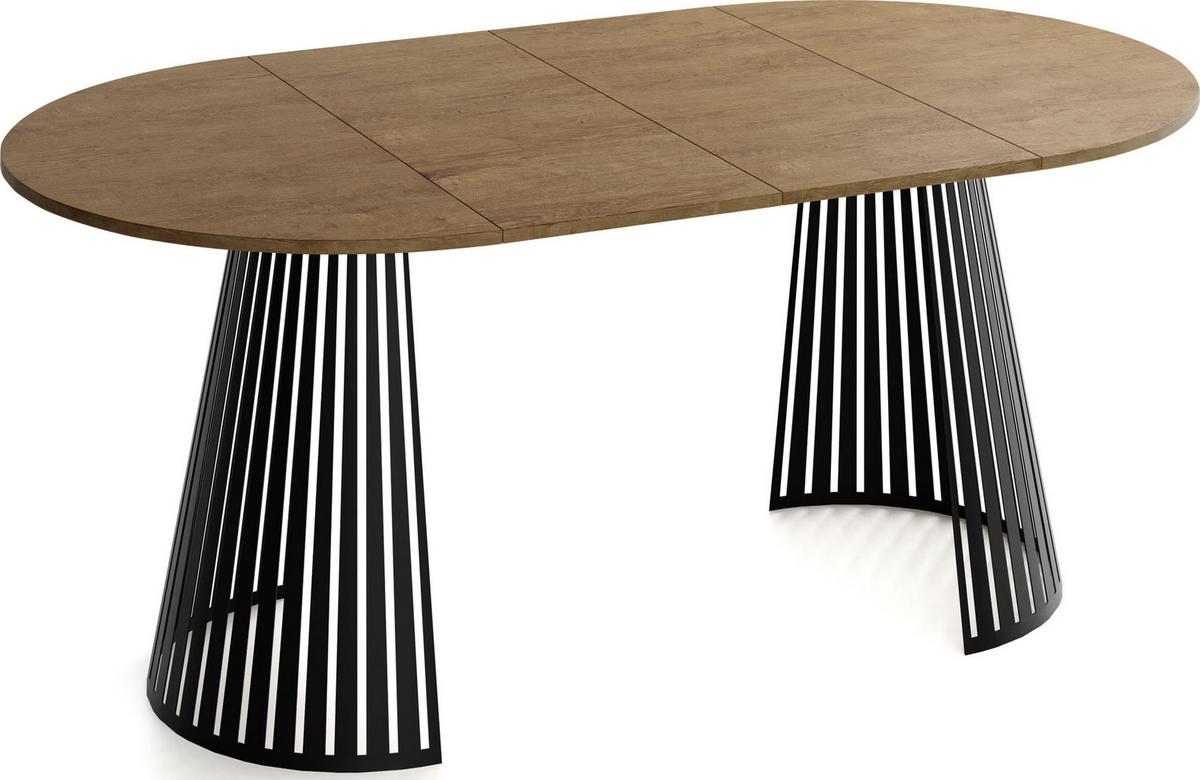 ESSTISCH Naro rund ausziehbar mit Schwarzem Lamellen-Metallgestell, Braun 120-200/120/76 cm - Alteiche/Schwarz, Holzwerkstoff/Metall (120/196/76cm) - WFL GROUP