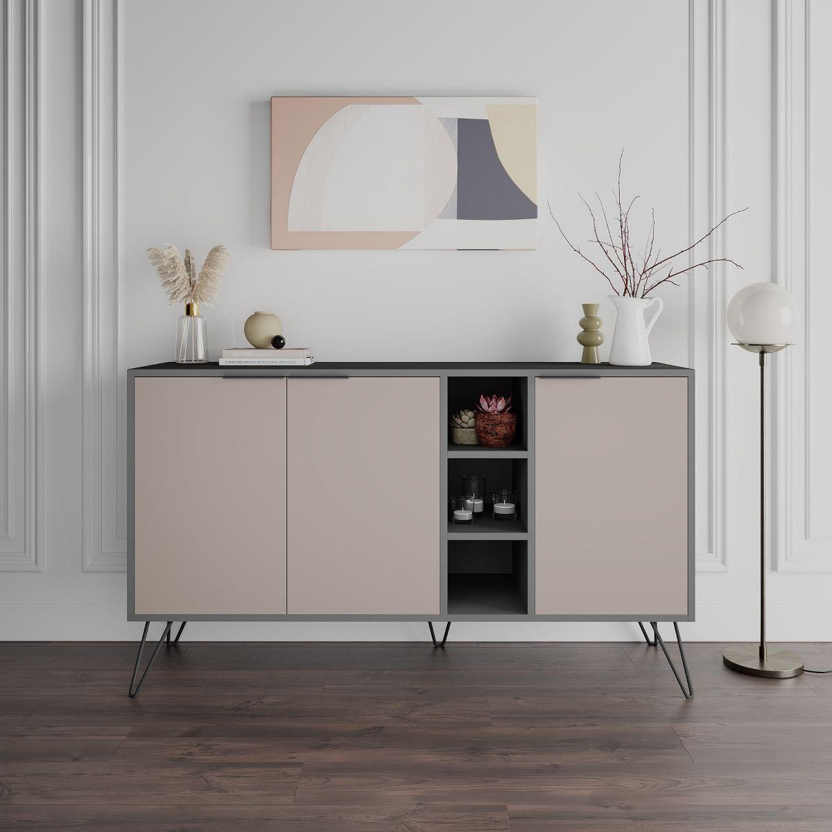 SIDEBOARD 3 Nischen und 3 Türen L142 cm - Clara - Taupe, Holzwerkstoff (35.6/83/15cm) - Calicosy
