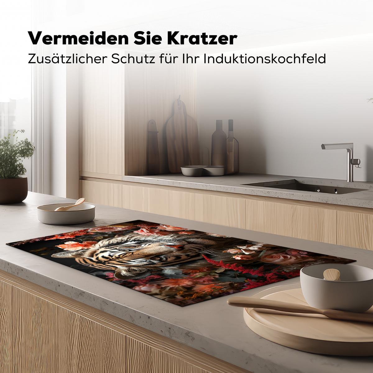 HERDABDECKPLATTE Tiger - Tier - Natur - Floral - Botanisch Induktionsschutz 91.2x52 cm - Orange, Kunststoff (91.2/52/0.2cm) - MuchoWow