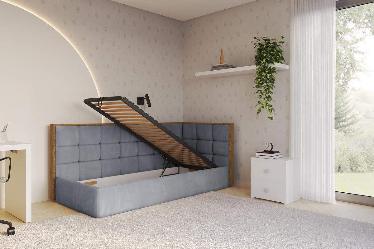 EINZELLBETT Jugendbett mit Bettkasten und Matratze H3/H4, Links - SOVY 90x200 Grau - Grau, Holzwerkstoff/Textil (90/200cm) - ALTDECOR