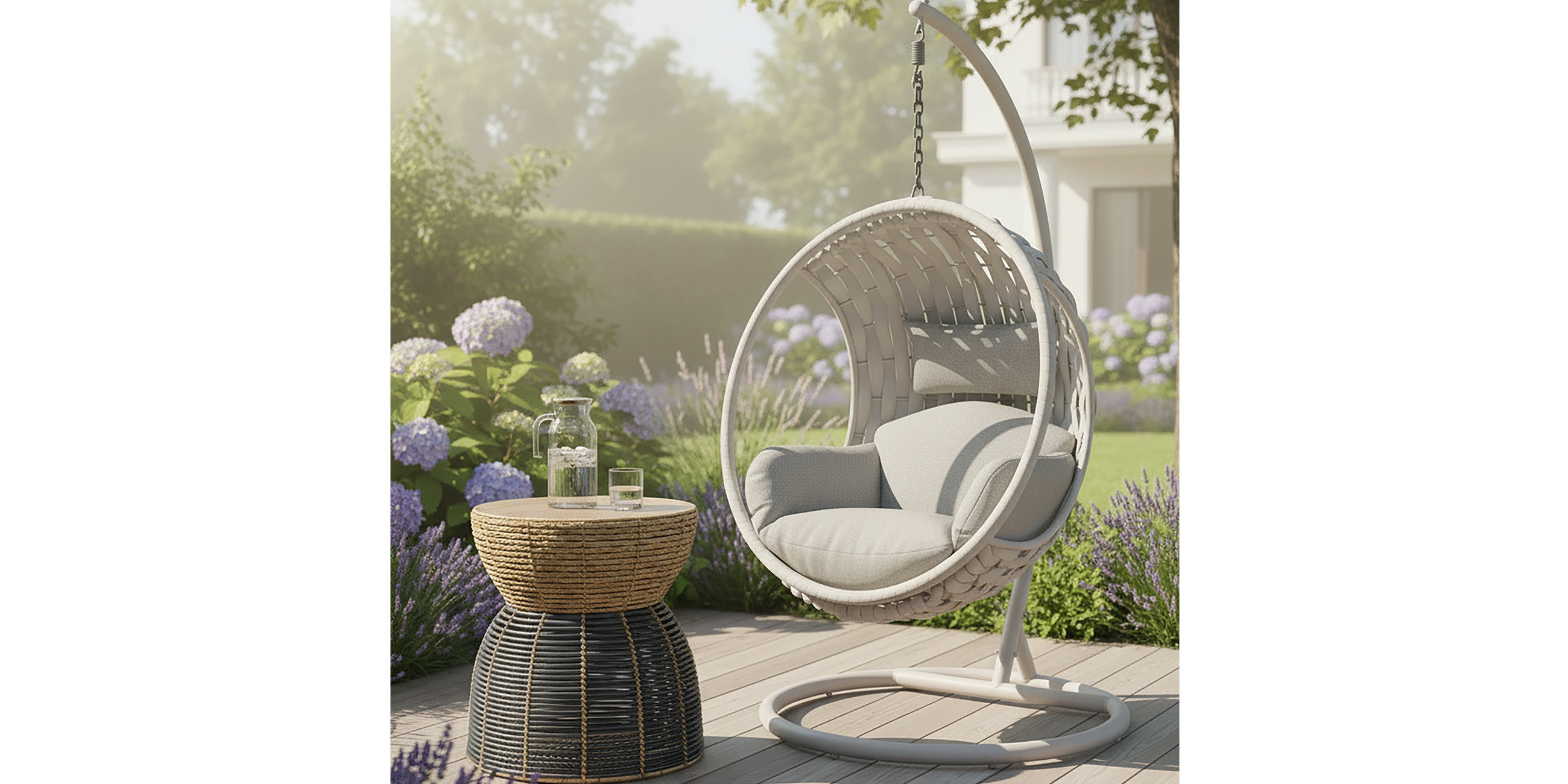 Grauer Hängesessel mit Sitzkissen, Beistelltisch mit naturfarbenem und schwarzem Geflecht