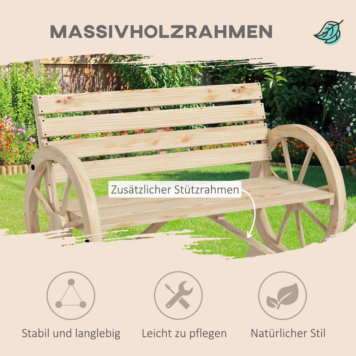 2ER-GARTENBANK Sitzbank Wagenrad-Design rustikale Holzbank für 2 Personen - Naturfarben, Holz (56/79/105.5cm) - Outsunny