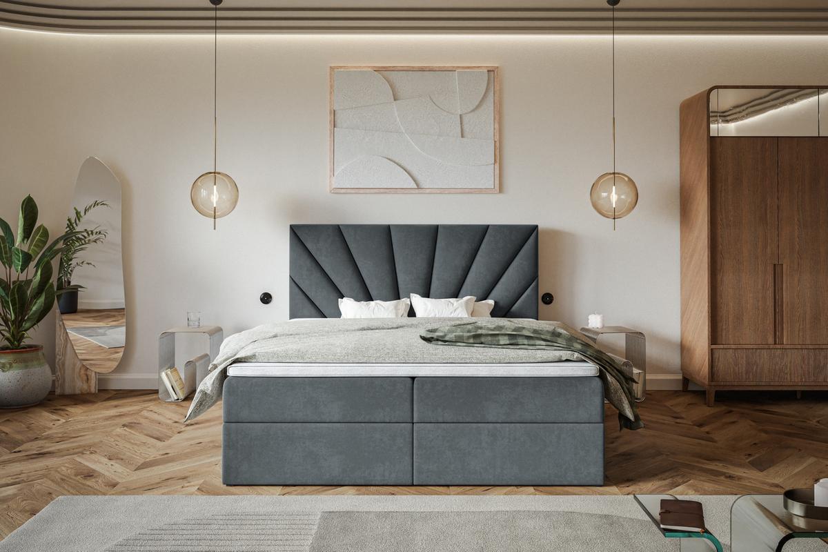 BOXBETT DENVER mit 2 Bettkästen, 180x200, Farbe: Dunkelgrau, Velourstoff, Doppelbett mit Bonell-Matratze - Dunkelgrau, Holz/Kunststoff (180/200cm) - Alpi-Möbel