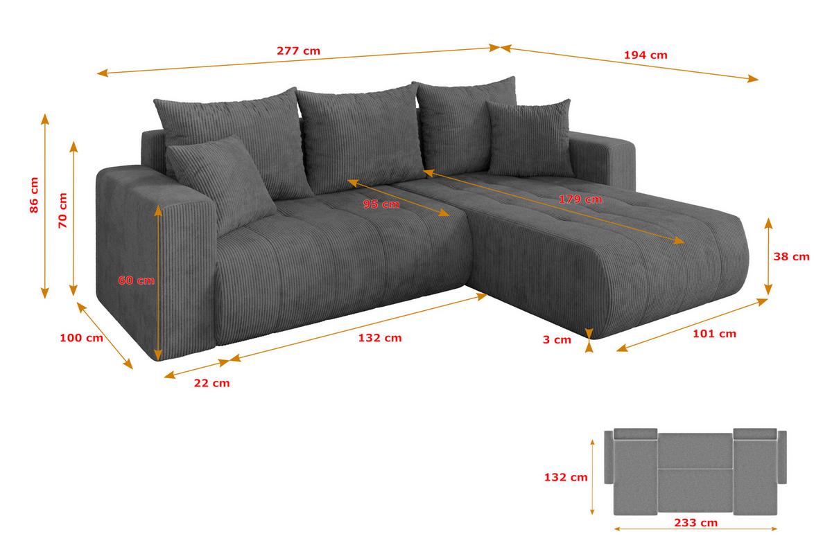 ECKSOFA mit Schlaffunktion Ottomane Rechts MILA-L 277x194x86 Dunkelgrau Cord - Dunkelgrau/Schwarz, Holzwerkstoff/Kunststoff (277/194cm) - ALTDECOR