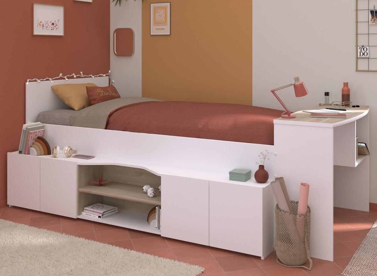 HOCHBETT Jugendzimmer Bett 90x200 mit Schreibtisch und Stauraum - Multicolor/Weiß, Holz/Holzwerkstoff (90/200cm) - Parisot Meuble
