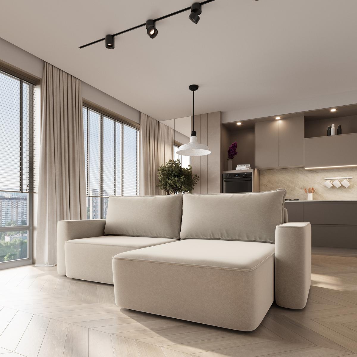 ECKSOFA BELISE CL Creme Veloursstoff mit Schlaffunktion - Creme, Holz/Textil (252/162cm) - MASSENO