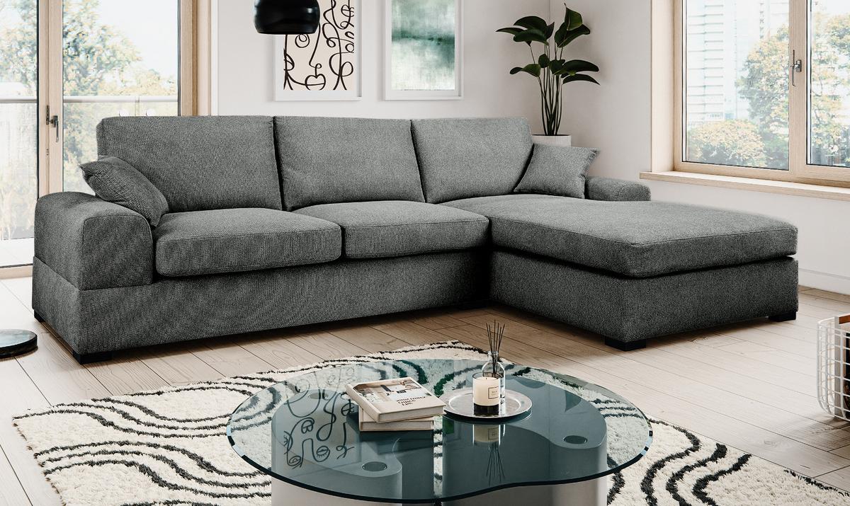 SOFA grau Strukturstoff 308 cm, Ecksofa 5-Sitzer, L-Sofa Ottomane rechts - Schwarz/Grau, Holz/Textil (308/186cm) - Inn.Furn