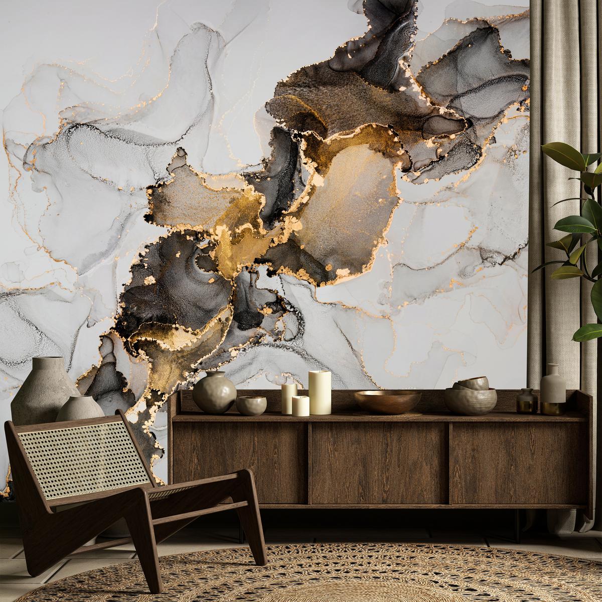 FOTOTAPETE für Badezimmer Moderner Grauer Marmor Gold Schwarz Imitation 500x350 - Beige/Grau, Papier (500/350cm) - Muralo