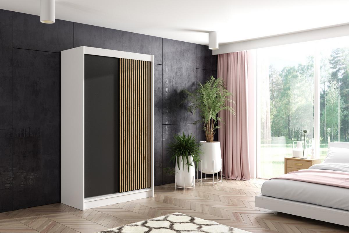 KLEIDERSCHRANK VILAN mit Lamel/LED - 120 cm - Weiß|Eiche Wotan - Eiche Wotan/Weiß, Holzwerkstoff (120/215/61cm) - ALTDECOR