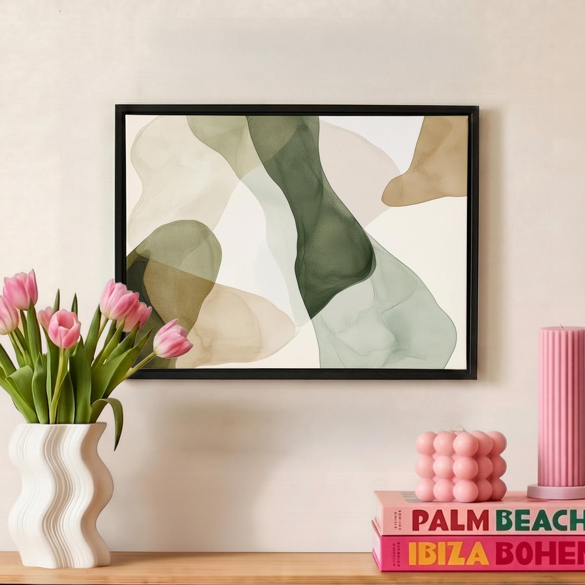 LEINWAND Bilder mit Rahmen - Japandi - Abstrakt - Grün - 40x30 - Salbeigrün, Textil (40/30cm) - MuchoWow