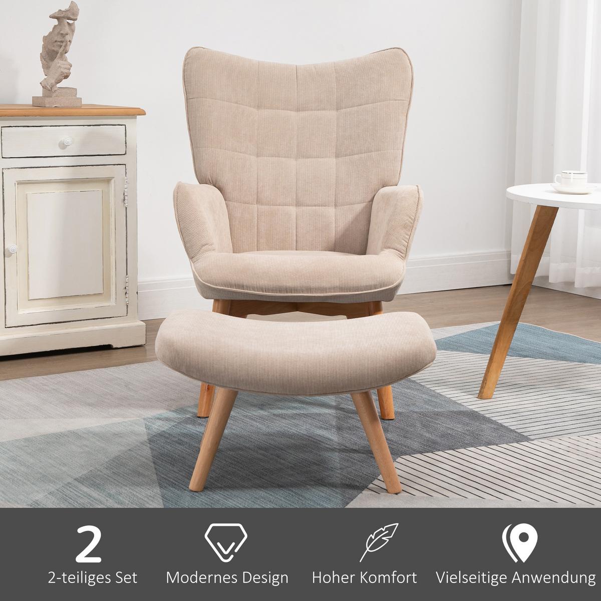 OHRENSESSEL mit Hocker, Relaxsessel, Polstersessel in Cord-Optik, mit Holzbeine - Beige/Naturfarben, Buchenholz/Textil (80/101/72cm) - HOMCOM