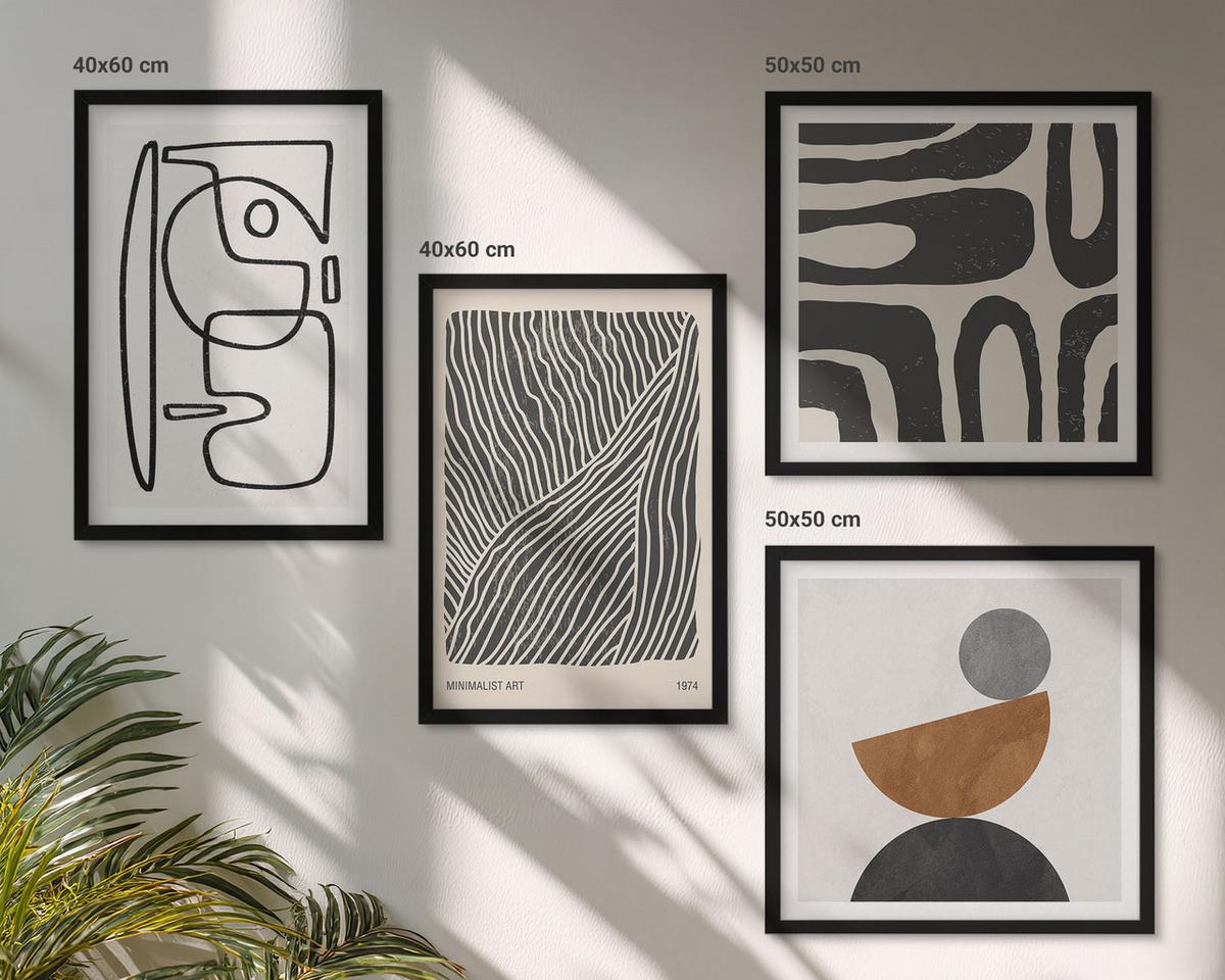 BILDER SET 4er Set - 50x50 cm & 40x60 cm Schwarzer Rahmen - Abstrakte Muster mit Linien - Schwarz, Kunststoff (50/50cm) - TULUP