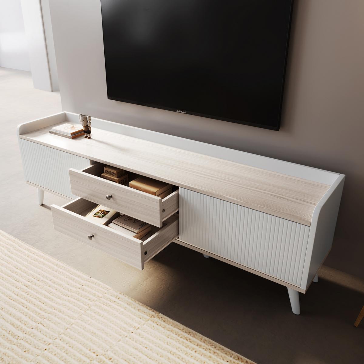 TV-LOWBOARD weiß & holzoptik 2 schiebetüren & 2 schubladen - Weiß, Holzwerkstoff (160/58/40cm) - Urban Meuble