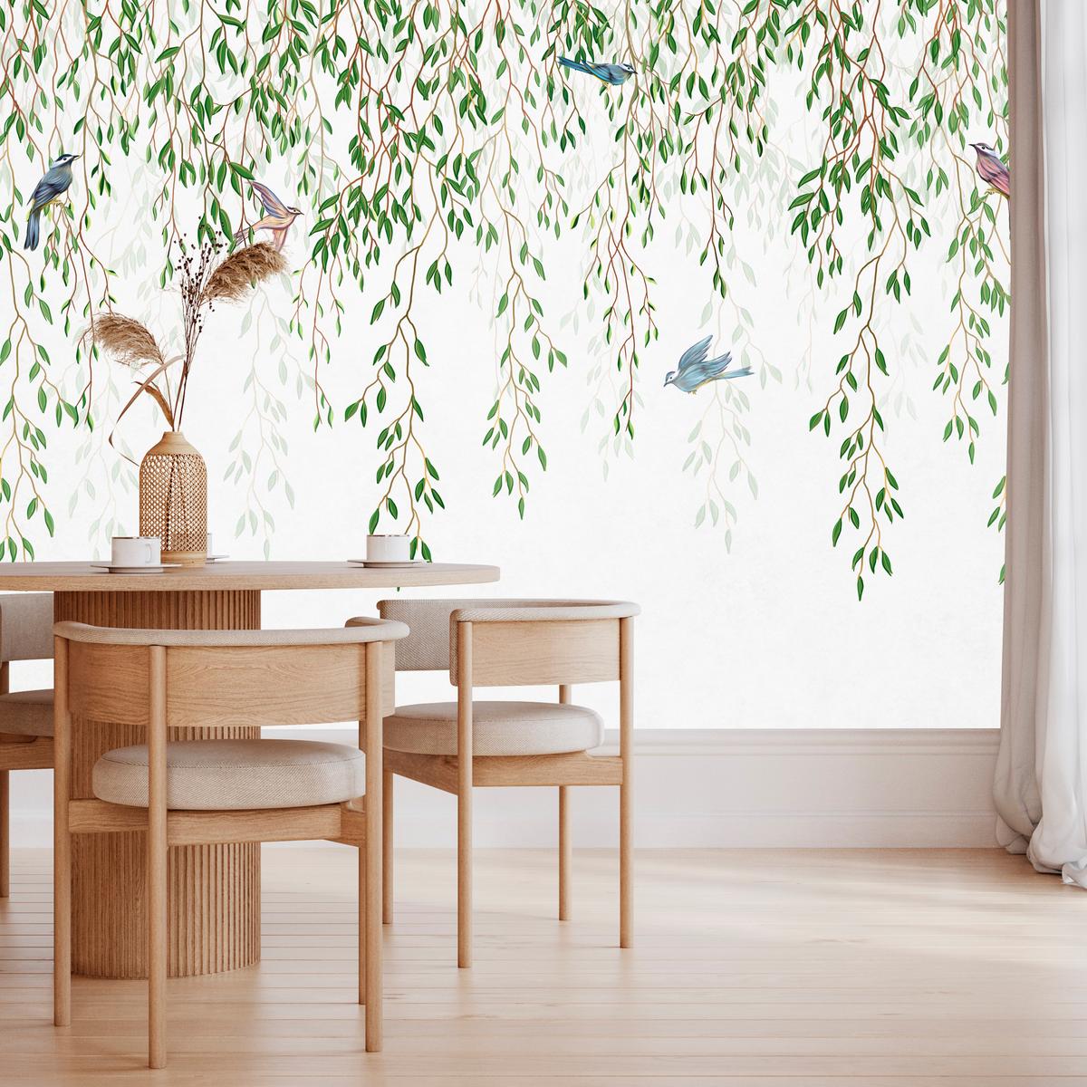 FOTOTAPETE für Schlafzimmer Trauerweide Äste Vögel Frühling Blätter 500x350 - Blau/Beige, Papier (500/350cm) - Muralo