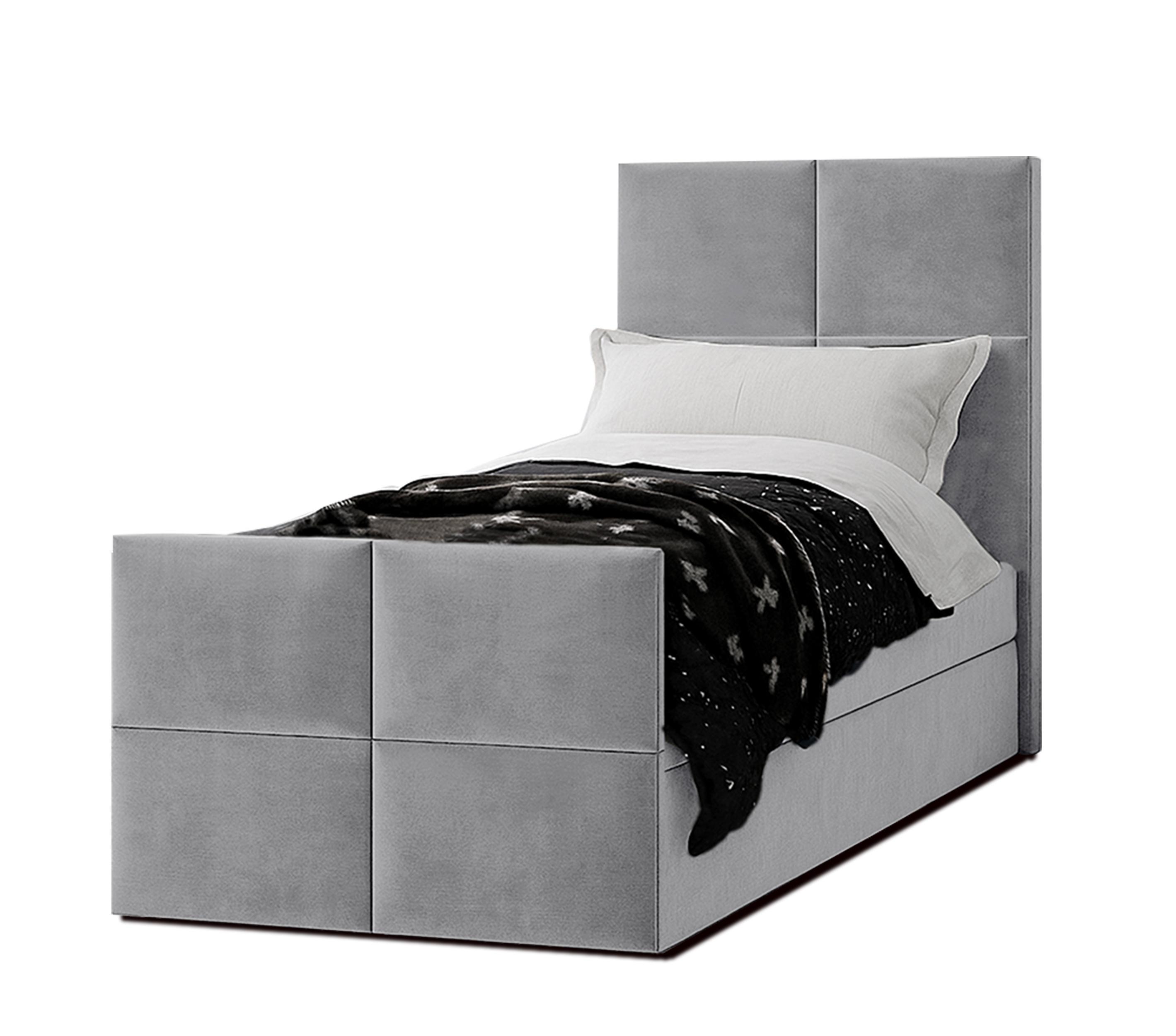 BOXBETT ALEYNA 90x200 cm mit Bettkasten und Matratze - Grau + TOPPER - Schwarz/Grau, Holz/Holzwerkstoff (90/200cm) - AX Living