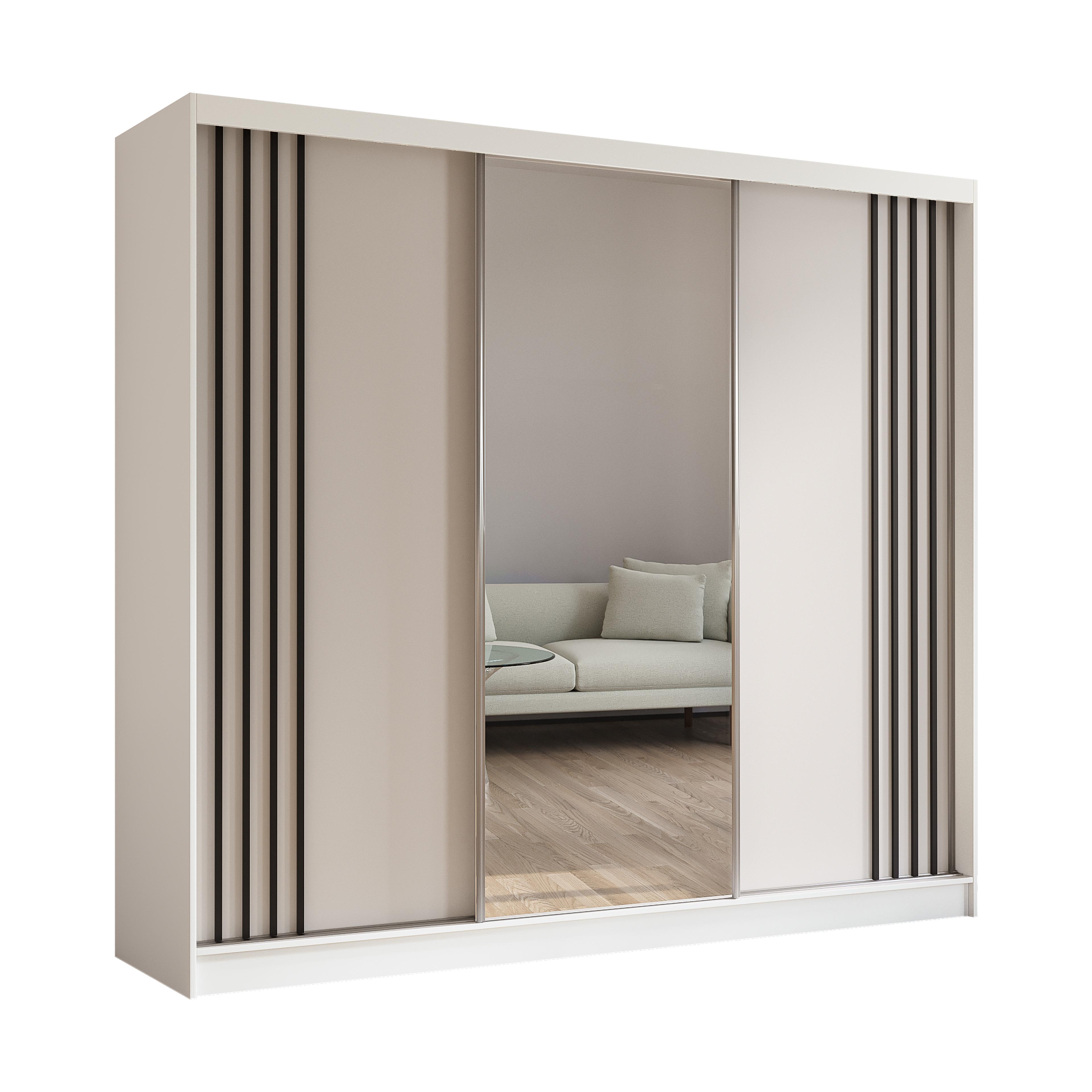 KLEIDERSCHRANK mit Spiegel-Schiebetüren und Aluminium-Leisten - NALLA - 240 cm Weiß+Weiß+Schwarz - Schwarz/Weiß, Holzwerkstoff (240/216/61cm) - ALTDECOR