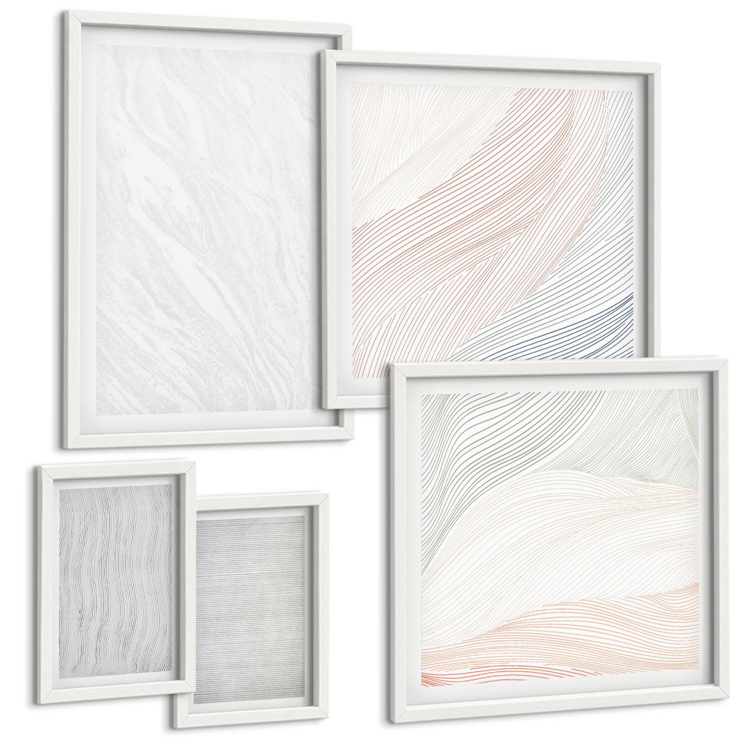 BILDER SET 5er Set - 50x50 cm & 20x30 cm & 40x60 cm Weißer Rahmen - Leuchtende Strukturen, Sandmuster - Weiß, Kunststoff (40/60cm) - TULUP