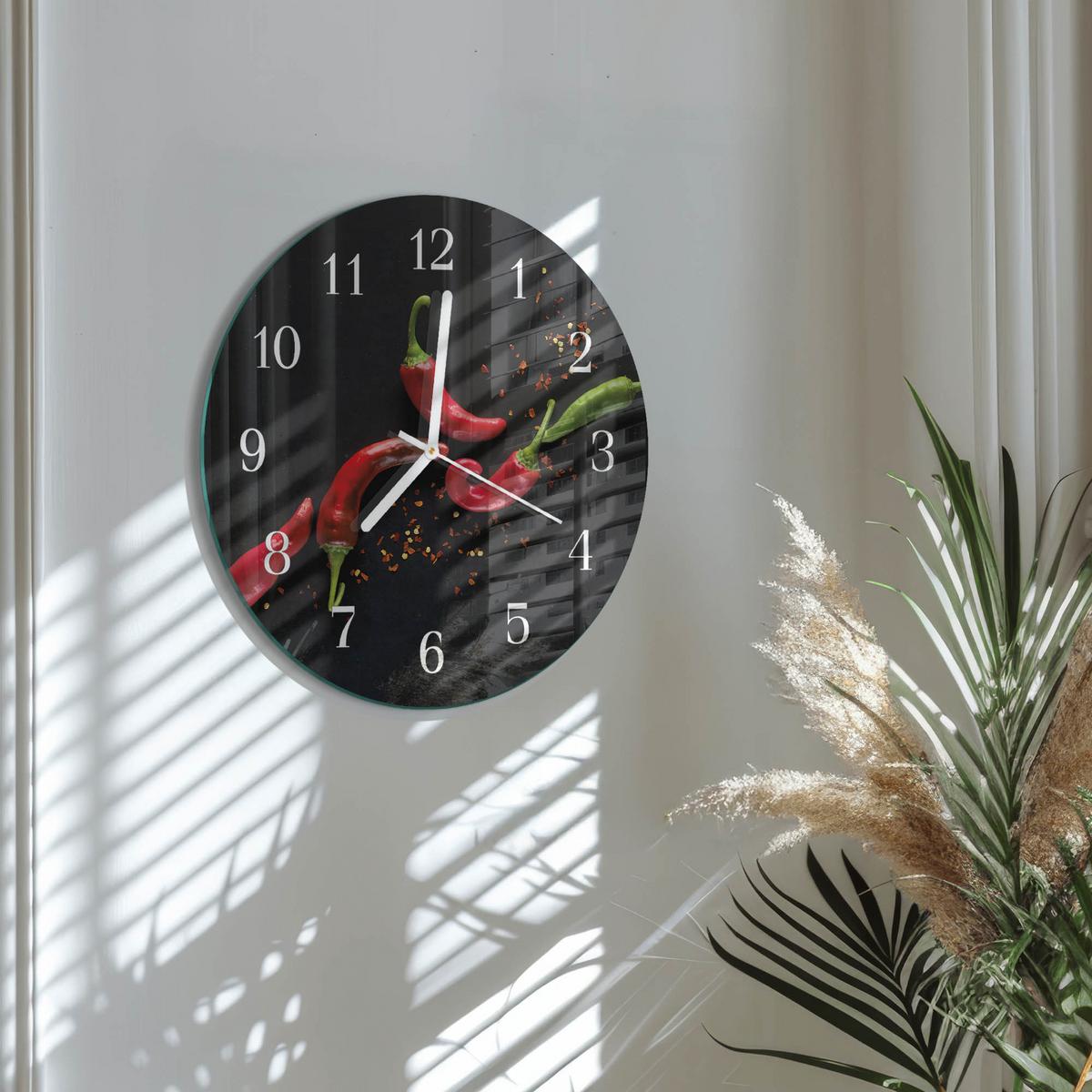 WANDUHR aus Glas Ø30 cm - Chilischoten - Schwarz, Glas (30/30/0.4cm) - TULUP
