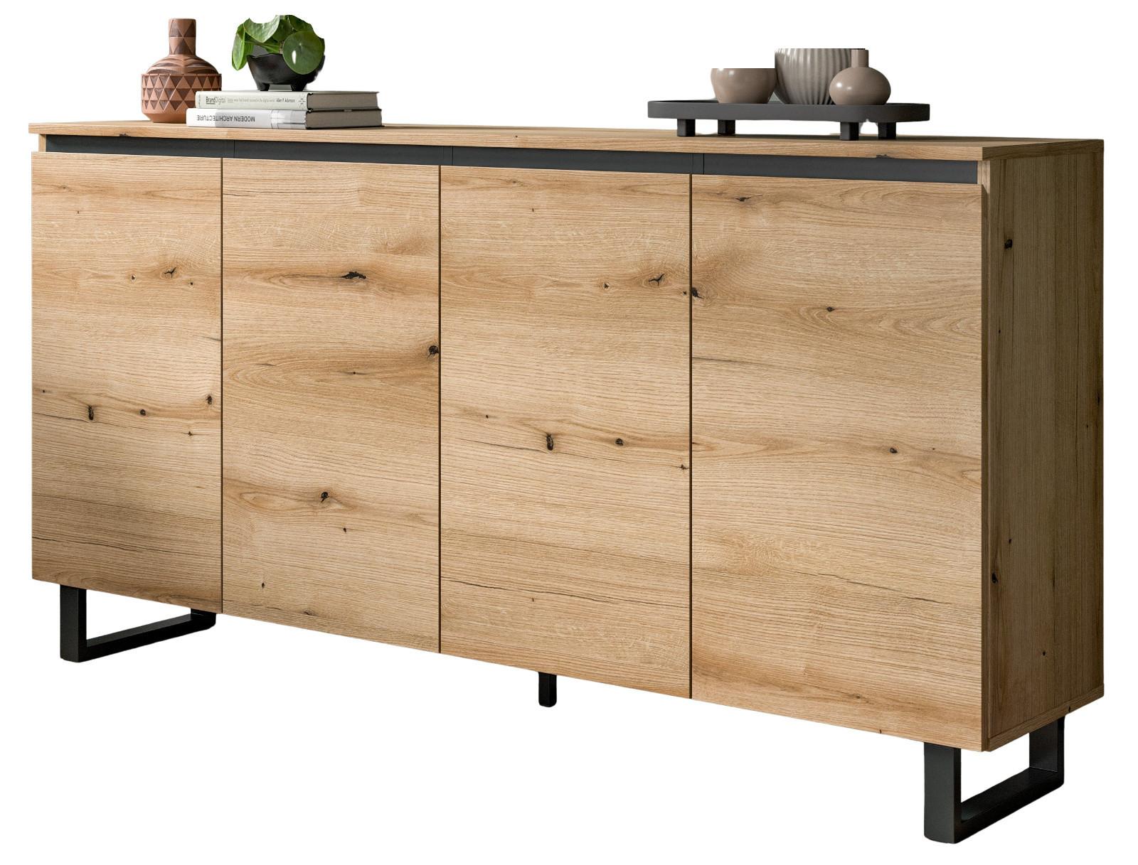 SIDEBOARD Evoke Eiche mit schwarz, Kommode 4-türig 160 x 84 cm mit Soft-Close - Eichefarben/Schwarz, Holz/Holzwerkstoff (160/84/36cm) - Inn.Furn