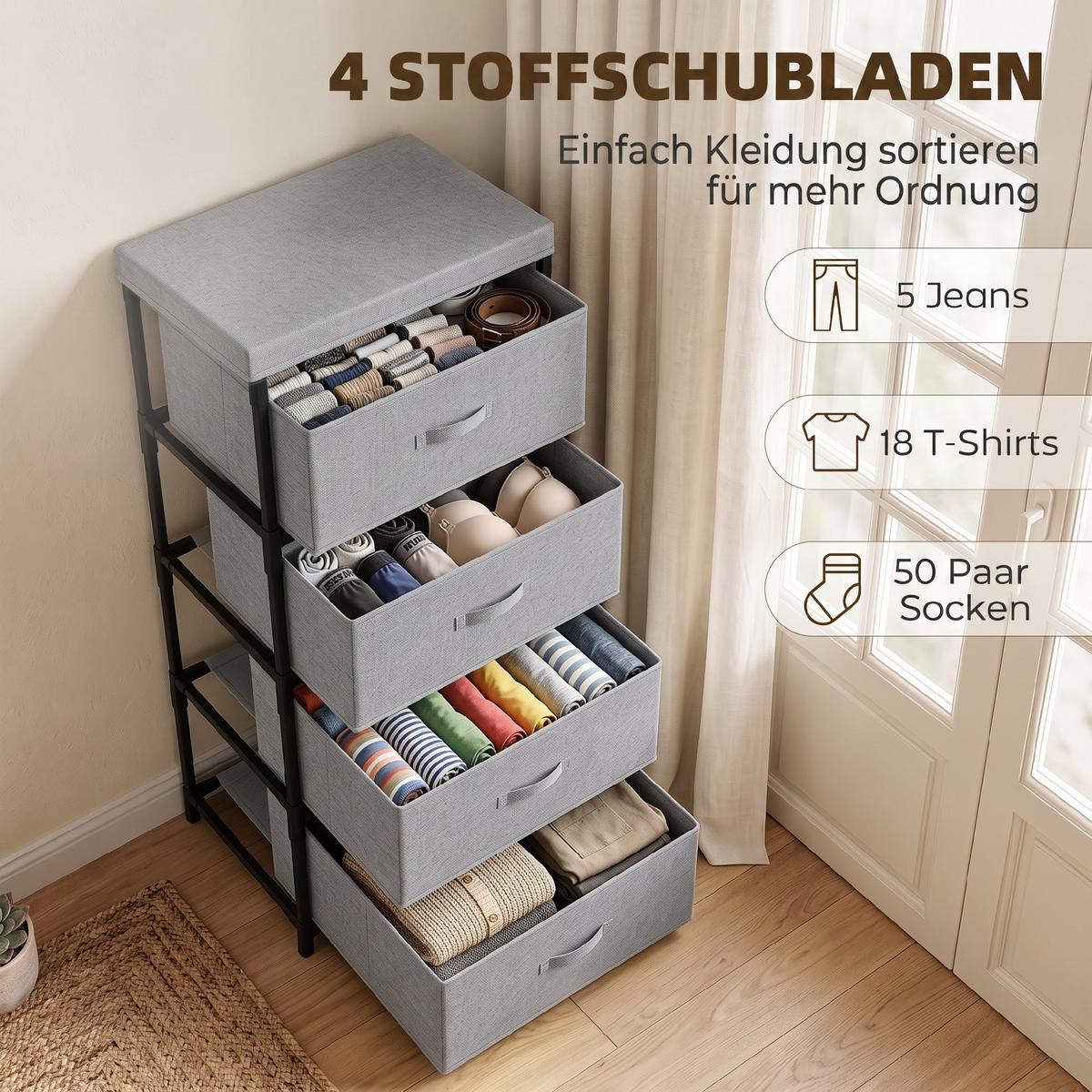 KOMMODE Leinen Stahl Grau - Schwarz/Grau, Textil/Metall (32/80/42cm) - HOMCOM