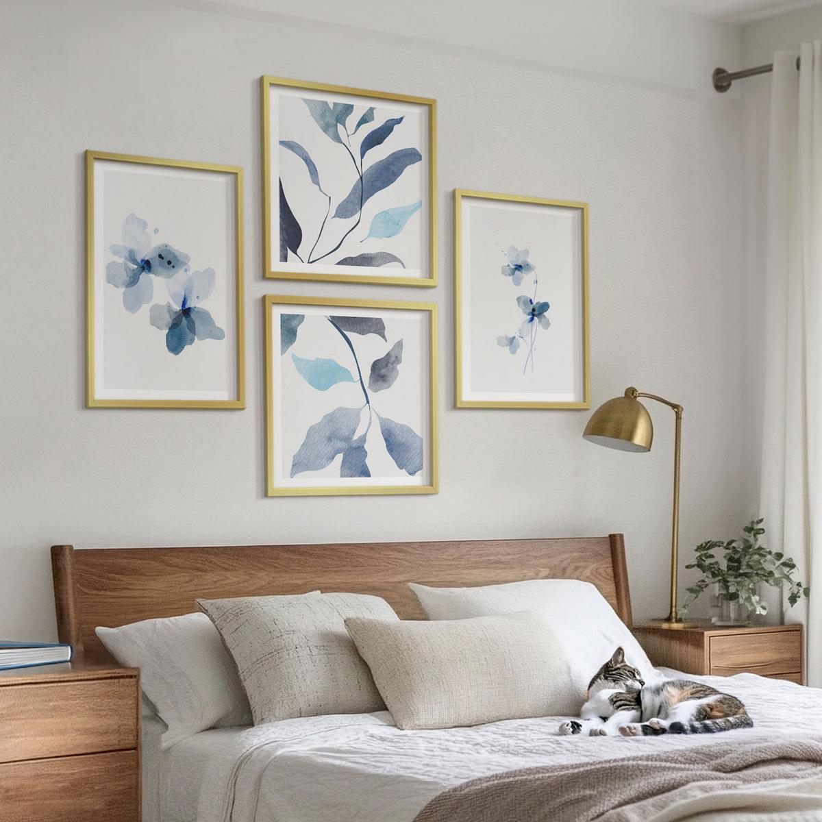 BILDER SET 4er Set - 50x50 cm & 40x60 cm Goldrahmen - Minimalistische blaue Blumen - Goldfarben, Kunststoff (50/50cm) - TULUP