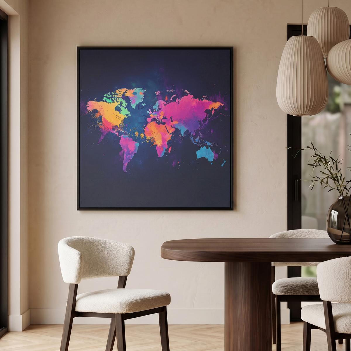 LEINWAND Bilder mit Rahmen - Weltkarte - Bunt - Graffiti - 90x90 - Multicolor, Textil (90/90cm) - MuchoWow