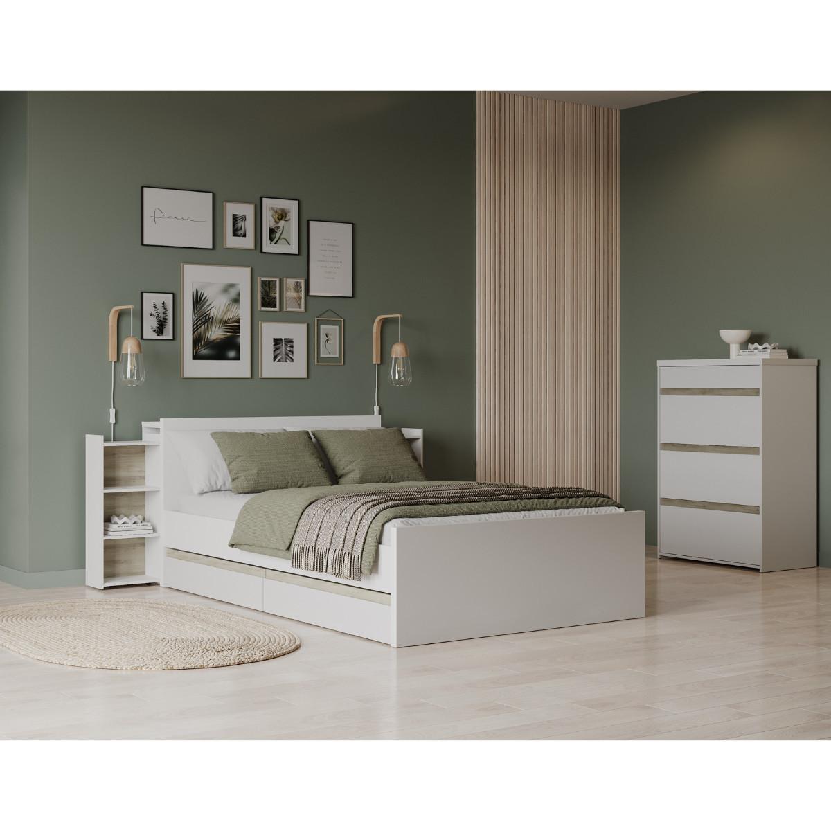 ENSEMBLE Bett Clyde 160x200 cm mit 2 Schubladen 165/207,4/90 cm - Eschefarben, Holzwerkstoff (200/160cm) - Calicosy