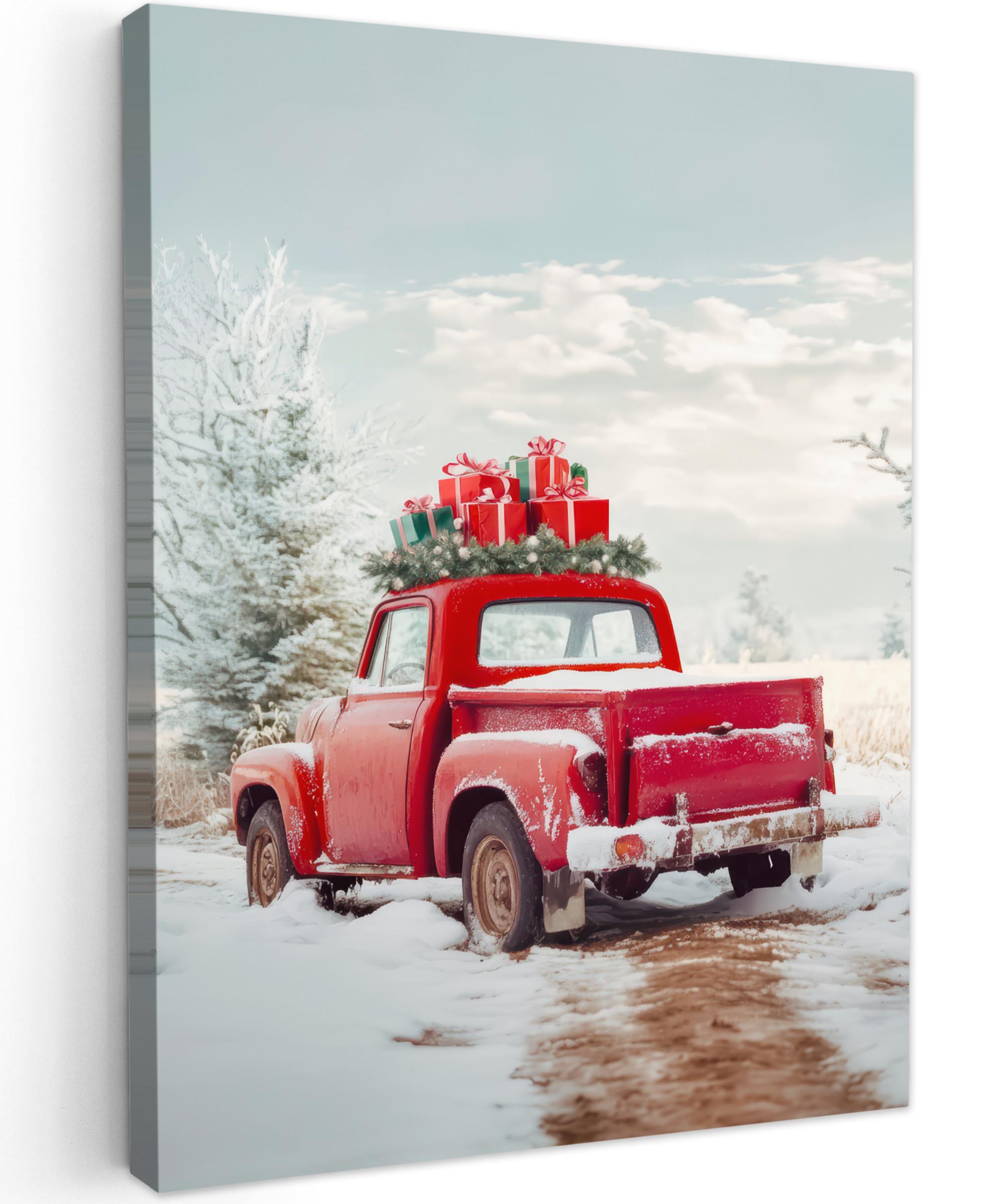 LEINWANDBILD Auto - Rot - Geschenke - Winter - Schnee - Weihnachten Room Decor 30x40 cm - Rot, Textil (30/40cm) - MuchoWow