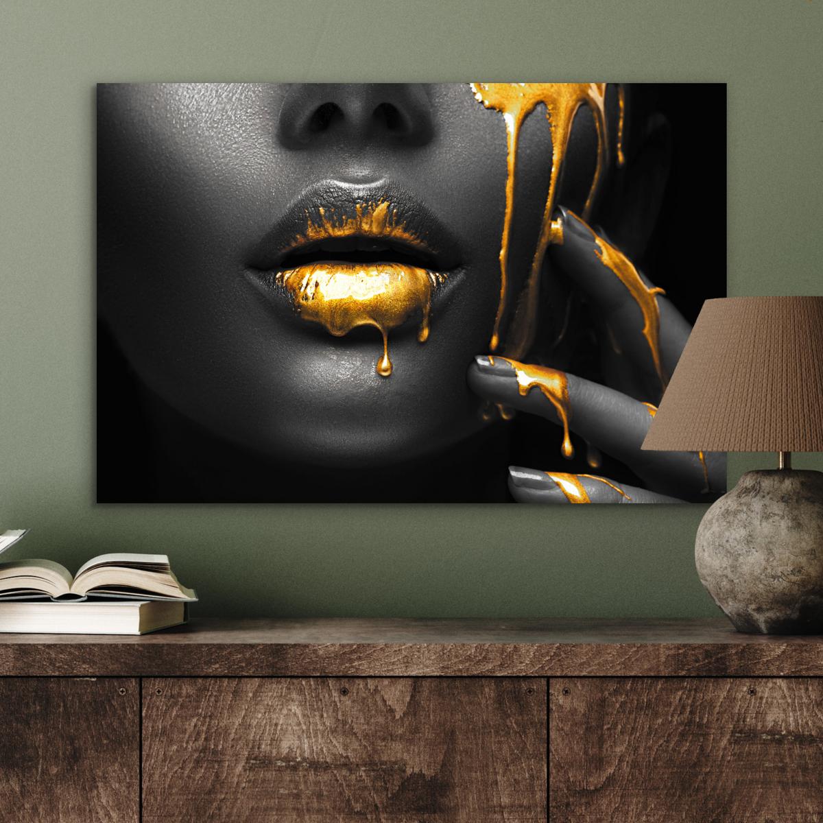 METALLBILD Frau - Schwarz - Gold - Gesicht - Lippen Wandbild 60x40 cm - Goldfarben, Metall (60/40cm) - MuchoWow