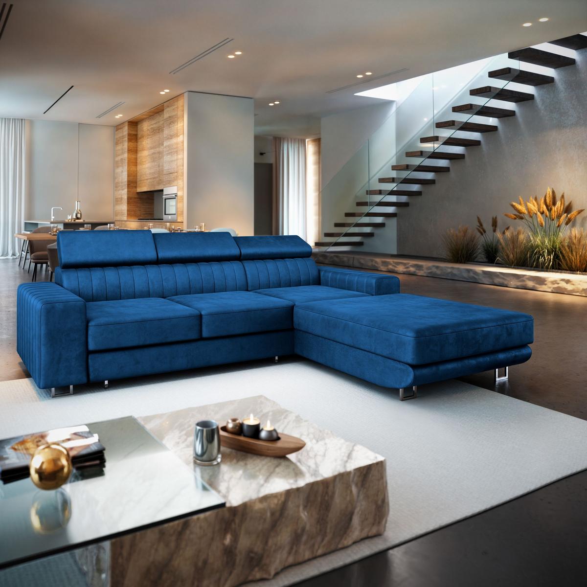 ECKSOFA NOTO R-S Blau Velours-Stoff mit Schlaffunktion - Blau/Silberfarben, Holz/Textil (267/190cm) - MASSENO