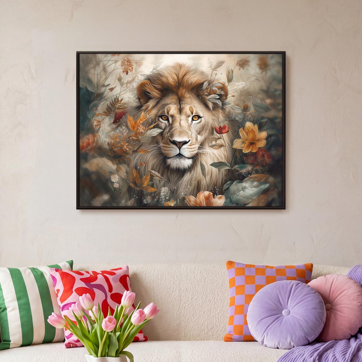 LEINWAND Bilder mit Rahmen - Löwe - Wildtiere - Pflanzen - Natur - Blumen - 80x60 - Beige, Textil (80/60cm) - MuchoWow