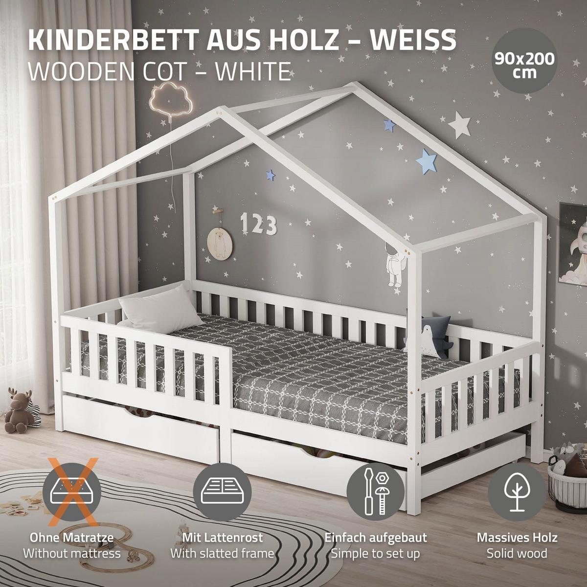 HAUSBETT 90x200 cm Weiß aus Kiefernholz mit 2 Schubladen und Rausfallschutz - Weiß, Holz (90/200cm) - ML-DESIGN