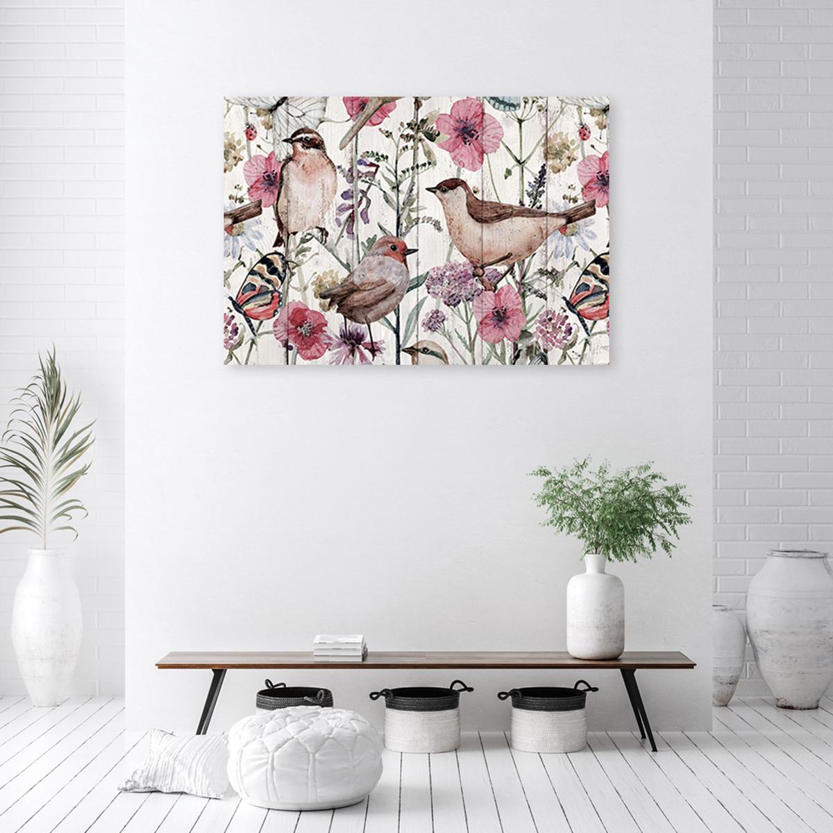 WANDBILD vögel und schmetterlinge auf der wiese - Pink, Textil (60/40cm) - Feeby